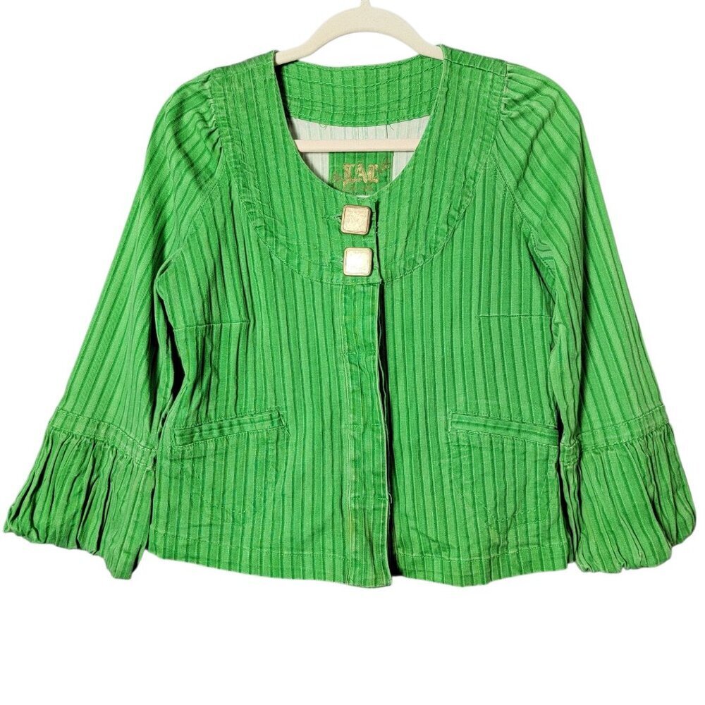 Live A Little Womens Green Artsy Eclectic Retro Striped Puff Sleeve Jacket Small